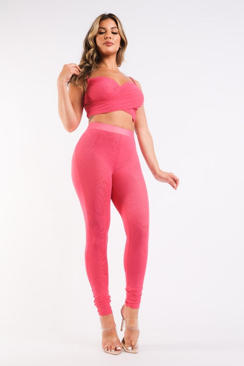 Mesh Contrast Sports Set – Strappy Sleeve Top & High-Waist Leggings (Fuchsia)