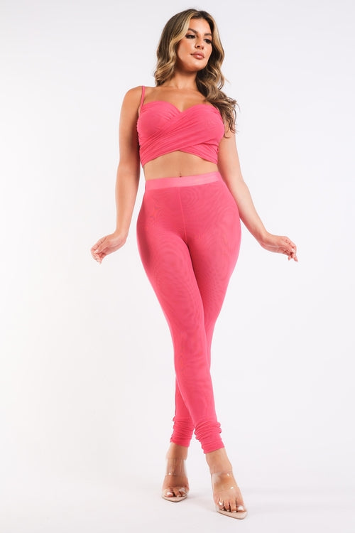 Mesh Contrast Sports Set – Strappy Sleeve Top & High-Waist Leggings (Fuchsia)